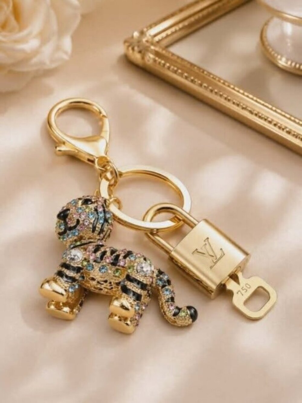 LV Authentic Gold Padlock 🔒 Key Set w/ Unbranded Keychain Tiger Charm